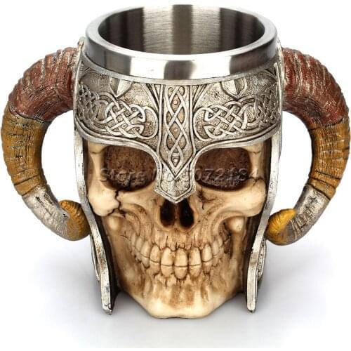 Stainless Steel Skull Mug Viking Ram Horned Pit Lord Warrior Beer Stein Tankard Coffee Mug Tea Cup Halloween Bar Drinkware Gift