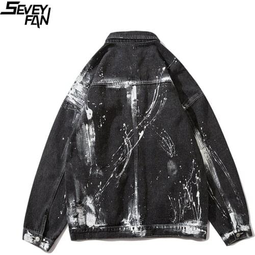 Ripped Hip Hop Denim Jacket Men Paint Printed Oversized Streetwear Fashion Hole Jeans Jackets Harajuku Black Cargo Outwear Loose