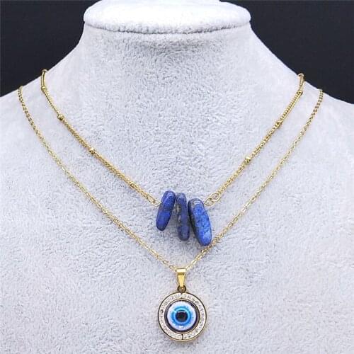 2021 Stainless Steel Layered Necklace Turkey Eye Charm Necklace Gold Color Crystal Blue Natural Stone Necklaces Jewelry N302S04
