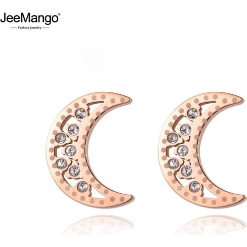JeeMango Trendy Neo-Gothic Moon Inlay CZ Crystal Stainless Steel Stud Earrings For Women Girls Rose Gold Ear Jewelry JE19174