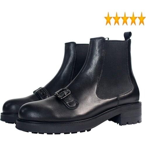 Mens Round Toe Chelsea Block Med Heels Cowhide Genuine Leather Ankle Boots Slip On Buckle Business Man Work Safety Shoes