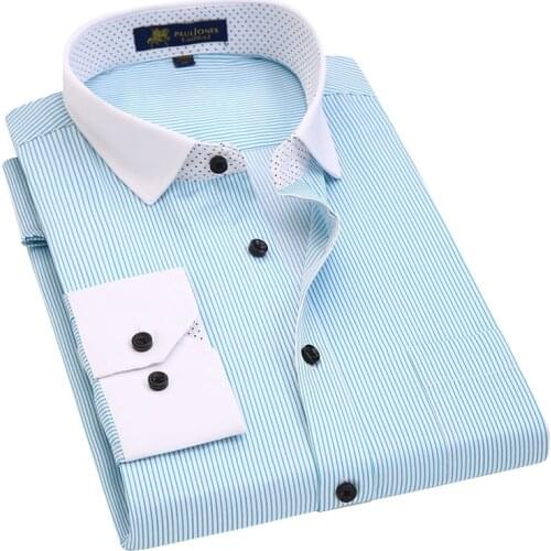 Contrast Collar Long Sleeve Men Dress Shirt Striped Plaid Regular Fit Male Casual Social Shirts