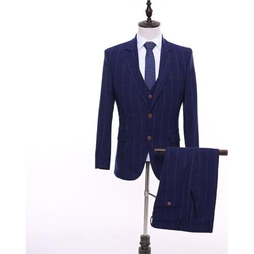 Men Blue Check Slim Suit Business Plaid Suits Office Work Daily Life Party Prom Wedding Groom Banquet 3 Pieces Single Breasted