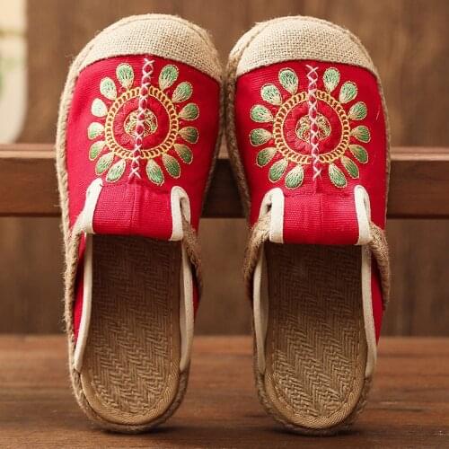 Women Casual Linen Handmade Embroidery Mules Flat Slippers Retro Vegan Summer Ladies Canvas Comfortable Espadrille Shoes