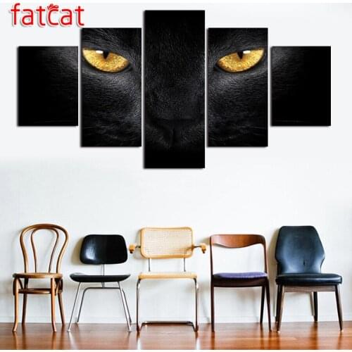 FATCAT 5 Piece Diy Diamond Painting Yellow eyes black cat Full Square Round Drill Diamond Embroidery Sale Needlework Kit AE1755