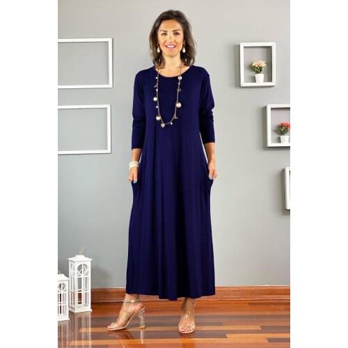 New Season Women 'S Navy Blue Long Sleeve Combed Cotton Dress
