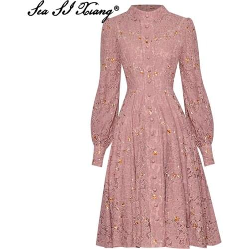 Seasixiang Fashion Designer Autumn Dress Women Stand Collar Lantern Sleeve Single Breasted Hollow Out Embroidery Vintage Dress