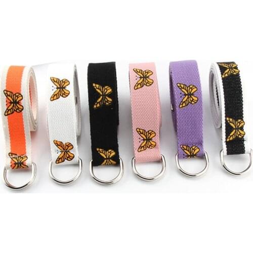 Women Fashion Casual Wide Long Butterfly Printed Canvas Belt Double D ring buckle Waistband for jeans trousers Clothes Accessory