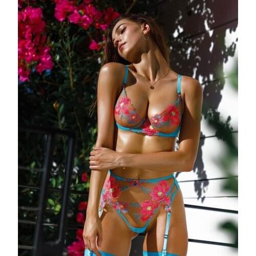 YiDuo Erotic Lingerie Sexy Transparent Bra Underwear Set Female Brief 3 Piece Set Lace Mesh Floral Embroidery Lingerie Set 2021