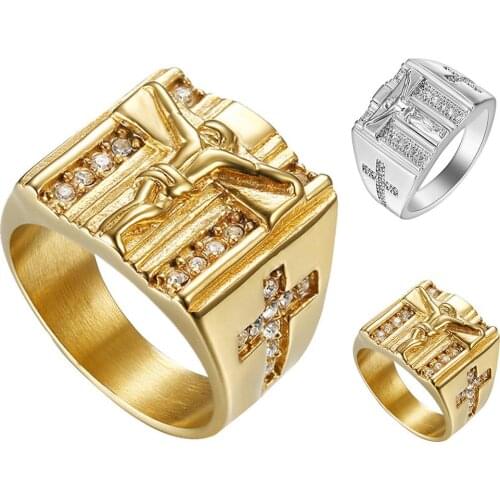 Jewelry Jesus Cross White Cubic Zirconia Ring for Men Gold Tone Crucifix Band Male Jewelry Gift