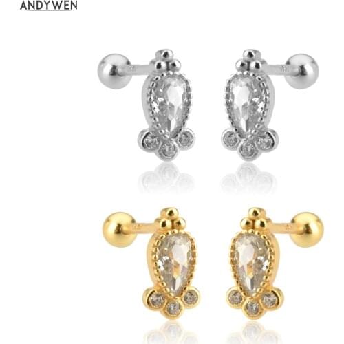 ANDYWEN 925 Sterling Silver Gold Clear Zircon CZ Stud Earring Fine Jewelry Clips Rock Punk Wedding Crystal Jewels Tiny
