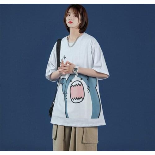 Funny Kawaii Cartoon Shark Print Couple T-Shirt Summer Hot New Fashion Streetwear Hip-Hop Simple Style Harajuku Short Sleeve Top