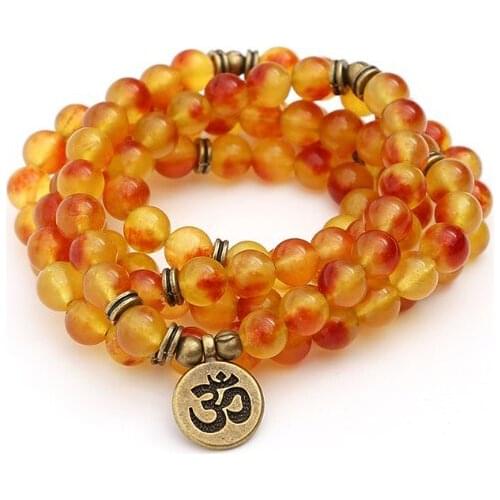 Yellow 108 beads 8mm elastic adjustable Lotus life tree Buddha OM eye Chakra Reiki agate Onyx Yoga Bracelet necklace ijf34