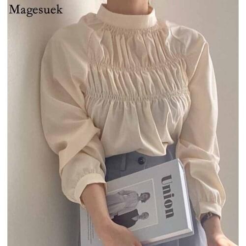 Korean Stand Collar Pleated Casual Blouse Women Elegant Simple Loose Womens Shirt Puff Long Sleeve Top Women Blusas Mujer 16381