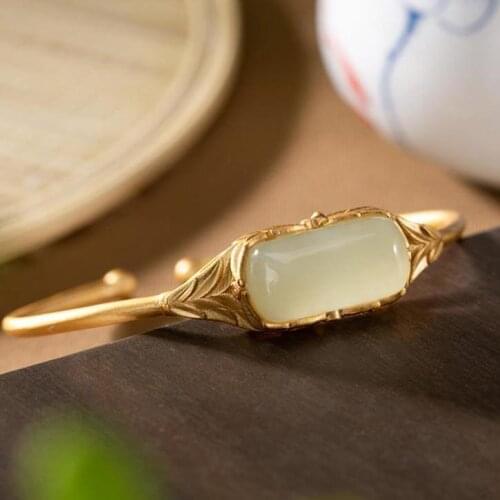 Natural Hetian Jade Green Jade S925 Sterling Silver Bamboo Leaf Bracelet Womens Fashion All-Matching Popular Simplicity Ethnic