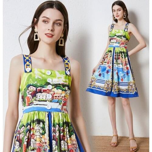 Runway Cartoon Print Beach Dress 2021 Summer Women Buttons Spaghetti Strap Backless Bohemia Holiday High Waist Midi Dress
