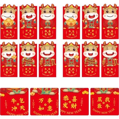 12Pcs 2021Chinese Red Envelope Creative Cartoon Cattle Hongbao New Year Spring Festival Birthday Marry Red Gift Envelope Random