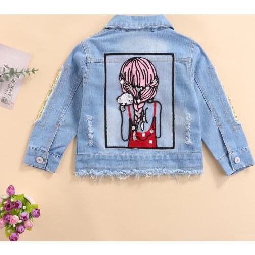 2-13Years Kid Girls Ripped Denim Jackets, Fashion Long Sleeve Sequin Patchwork Button Down Coats