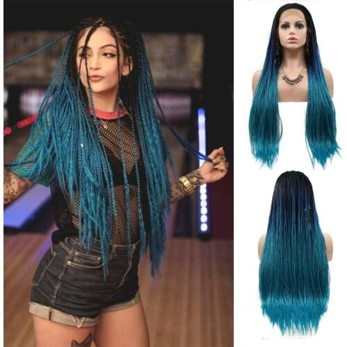 Ombre Blue Lace Front Wigs for Women Long Micro Braided Synthetic Wig Hand Made Braiding Lace Wig with Dark Roots 26 Inch