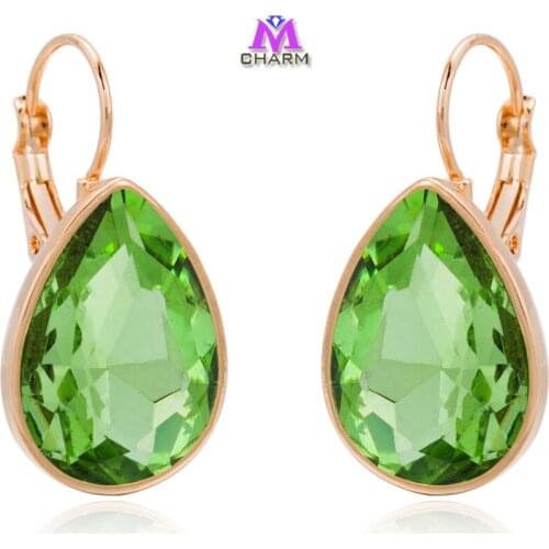 Brand Design!2015 hottest Real gold plated nickle free water drop Ovile-green big SWA Crystal drop jewelry Earrings for Women