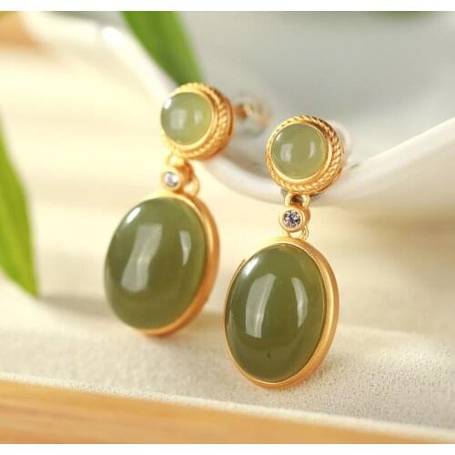 Natural Hetian Jade Gray Jade Retro Hong Kong Style Earrings Elegant Long S925 Sterling Silver round Earrings Splendid Jewelry