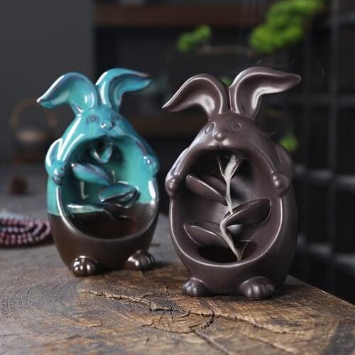 Ceramic Animal Rabbit Backflow Incense Burner Home Decor Creative Purple Clay Animal Waterfall Censer Incense Holder Anime Decor