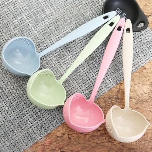 Long Handle Water Spoon Kitchen Wheat Straw Soup Spoon Colander Tableware Hot Pot Dual-Use Soup Ladle