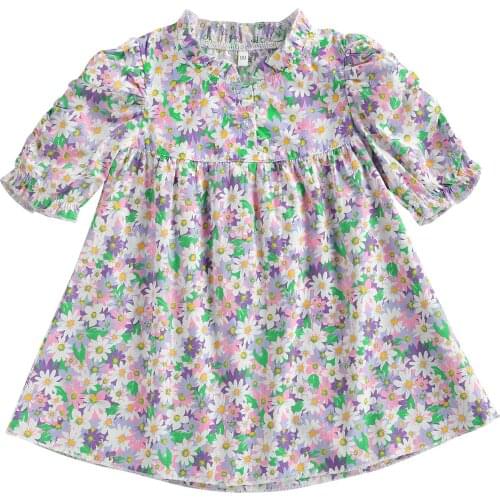 Summer Breathable Little Girls Dress, Toddlers Creative Floral Printing Stand Collar Front Button Short Sleeve Princess Skirt