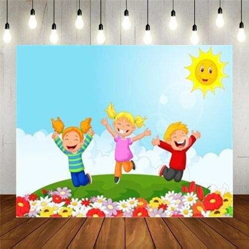 Nitree Photo Studio Props Vinyl Photography Backdrop Kids Birthday Decoration Happy Boys Girls Jumping In The Flowers Background