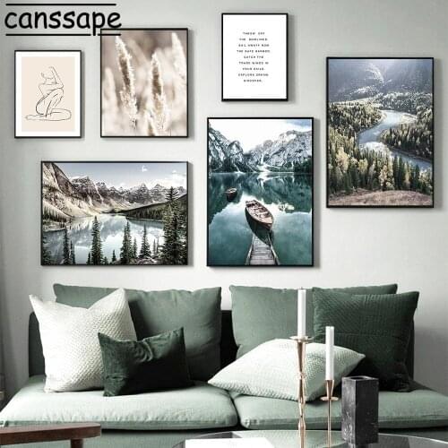 Scandinavian Scenery Painting Landscape Ptrint Mountain Lake Poster Boat Bridge Prints Abstract Line Pictures Home Decoration
