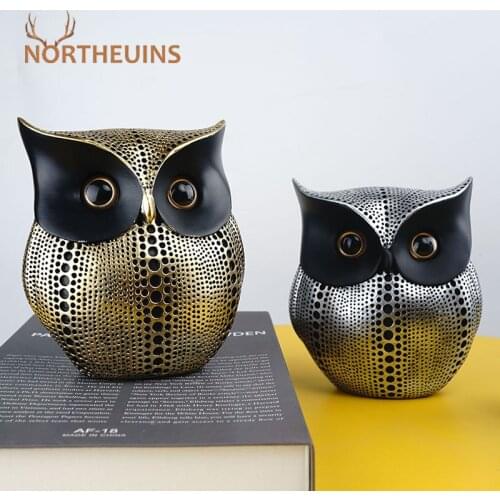 NORTHEUINS Resin Golden Silver Wave Point Owl Figurines For Interior Creative Animal Statue Home Desktop Art Decor Accessories