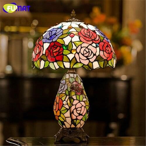 FUMAT Stained Glass Vintage Table Lamp Rose Shade Table Lights For Living Room Bedside Lamp led Table Lights Christmas decor