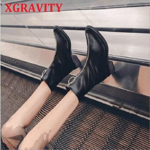 XGRAVITY New 2021 Ankle Boots Chunky Heel Short Heel Shoes Elegant Front Zipper Design Women Shoes Ins Hot British Martin C092