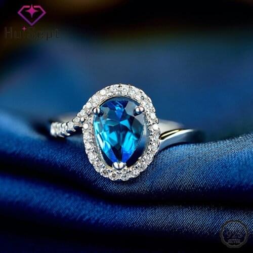 HuiSept S925 Sterling Silver Ring Jewelry Water Drop Shaped Sapphire Zircon Gemstones Open Rings Accessories for Women Wedding