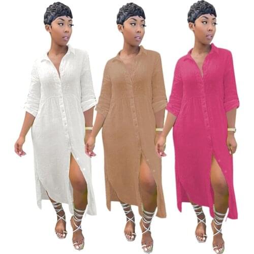 Women Casual Button Long Shirt Dress Full Sleeve Turn Down Neck Ankle Length Dress Autumn Female Ruched Loose Long Dress Plus