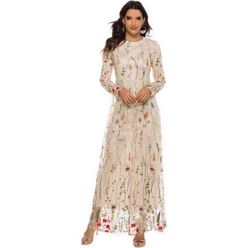 Lace Flower Embroidery Prom Evening Dress Women Long Sleeve Caftan Marocain Long Robe Clothing Muslim Abaya Dubai Hijab Dresses