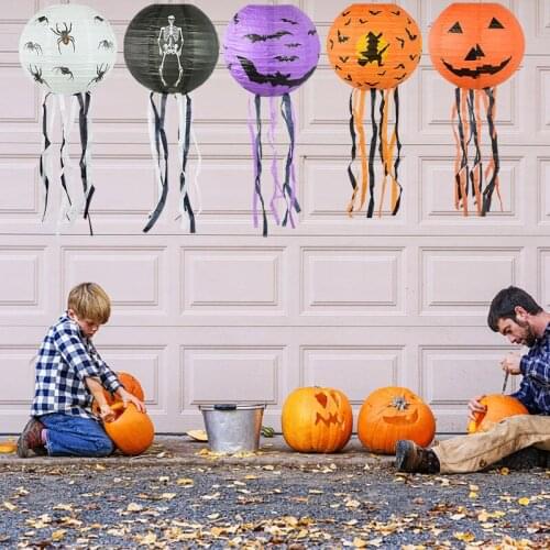 1pc Halloween Paper Lantern Pumpkin Spider Bat Witch Human Bone Pattern Chinese Paper Lanterns Halloween Hanging Decor Supplies