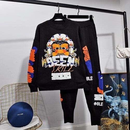 Cartoon Embroidery Knitted Tracksuit Outfits Women Pullover Sweater Pencil Pants Set Loose Sports Black Knitting Suit Female 2pc