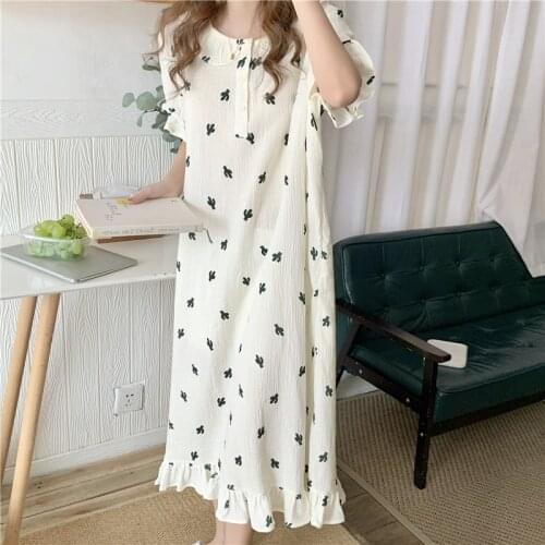 2021 Summer New Pure Cotton Gauze Cactus Nightdress Womens Nightgown Korean Version Ruffle Short Sleeve Home Skirt Sleepwear