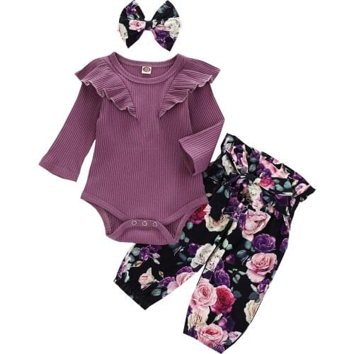 0-2Yrs Baby Girls Clothes Outfits Soft Romper Flower Pants Headband 3Pcs Spring Autumn Girls Clothing Suits