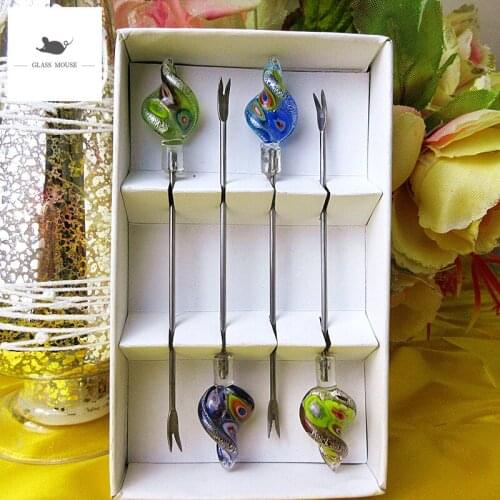 4pcs Craft murano handmade Glass Ornament Decorative stainless steel Fruit Forks Toothpick Kids Tableware Fruit Fork Food Picks
