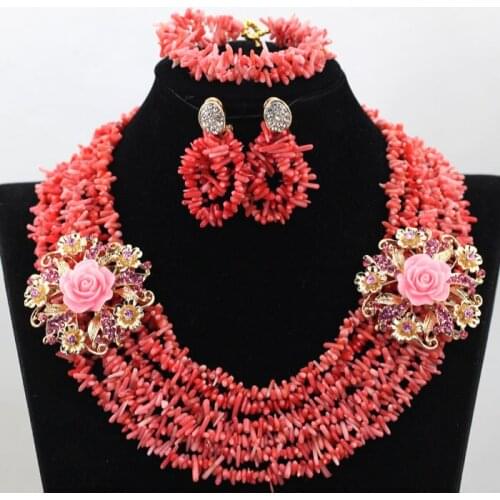 Charms 6 Rows Pink Coral Necklace Jewelry Set Fashion Broken Beads Coral Bride Gift Lady Jewelry Set Free Shipping CNR521