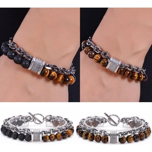 8mm Natural Map Stone Bracelet Men Metal Wrist Chain Jewelry Yellow Tiger Eye Volcanic Stone Beaded Bracelet Personality Jewelry