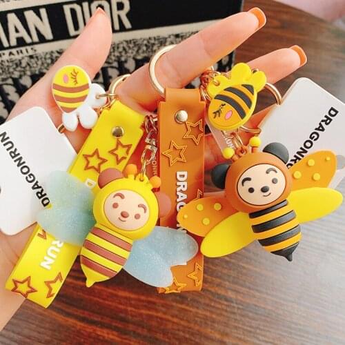 Cartoon Bees Anime Insect Honey Keychain For Women Rubber Trinkle Key Ring Chains Car Bag Charm For Girl Boy Gift D825