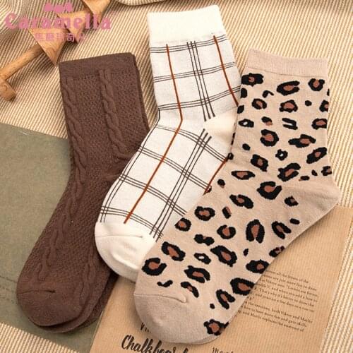 Caramella Fashion New Leopard Women Socks 3Pairs/lot Brown Jacquard Cotton Socks Women Comfy Female Socks General Thick 35-39