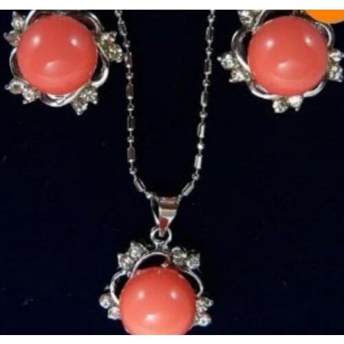 ELEGANT RED CORAL CRYSTAL PENDANT EARRING SILVER SET
