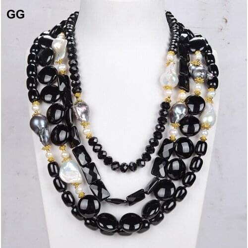 GG Jewelry 4 Rows Natural White Keshi Black Baroque Pearl Black Onyx Necklace Classic For Women Lady