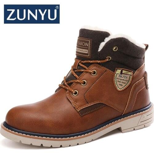 ZUNYU Winter Men Boots Leather Warm Fur Snow Boots Mens Waterproof Ankle Boots High Top Men Shoes Platform Motorcycle Boots 45