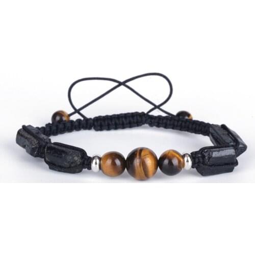 Natural Black Rough Tourmaline Semi Precious Mineral Stone Beads Charm Tiger Eye Adjustable Macrame Bracelets for Unisex