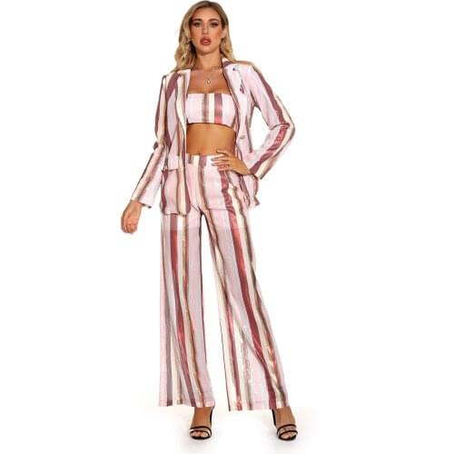 New Suits 2020 Long Sleeves Pink Stripes Two Piece Vintage Vestios Celebrity Evening Party Wear